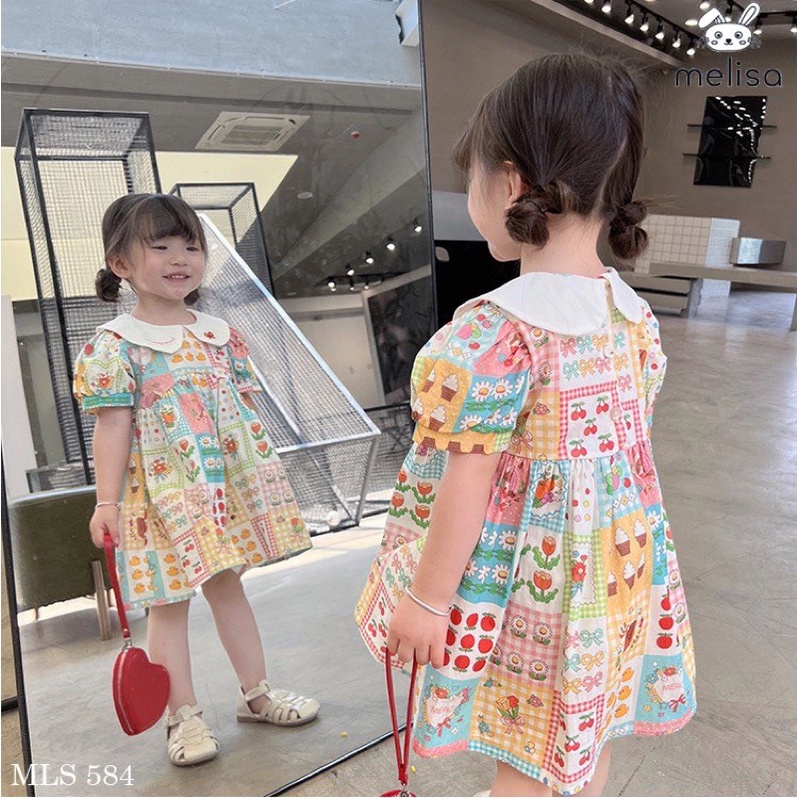 Đầm Melisa hoạ tiết hoa bé gái cổ sen thêu đáng yêu cho bé gái