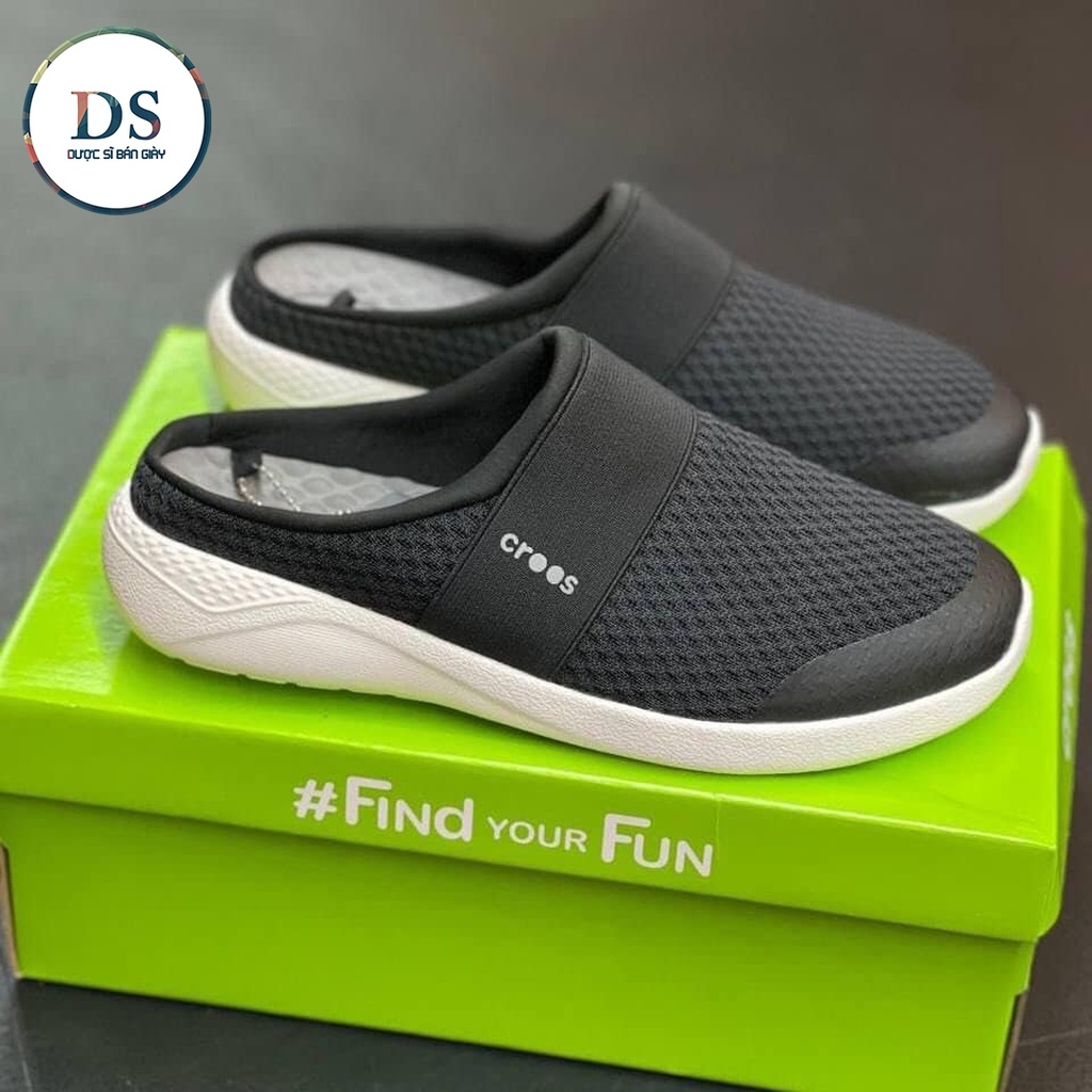 Giày Sục Mesh Crocs Literide Nam Màu Full Đen ,Hàng Loại 1 Full Tag, Giày Đế Bằng