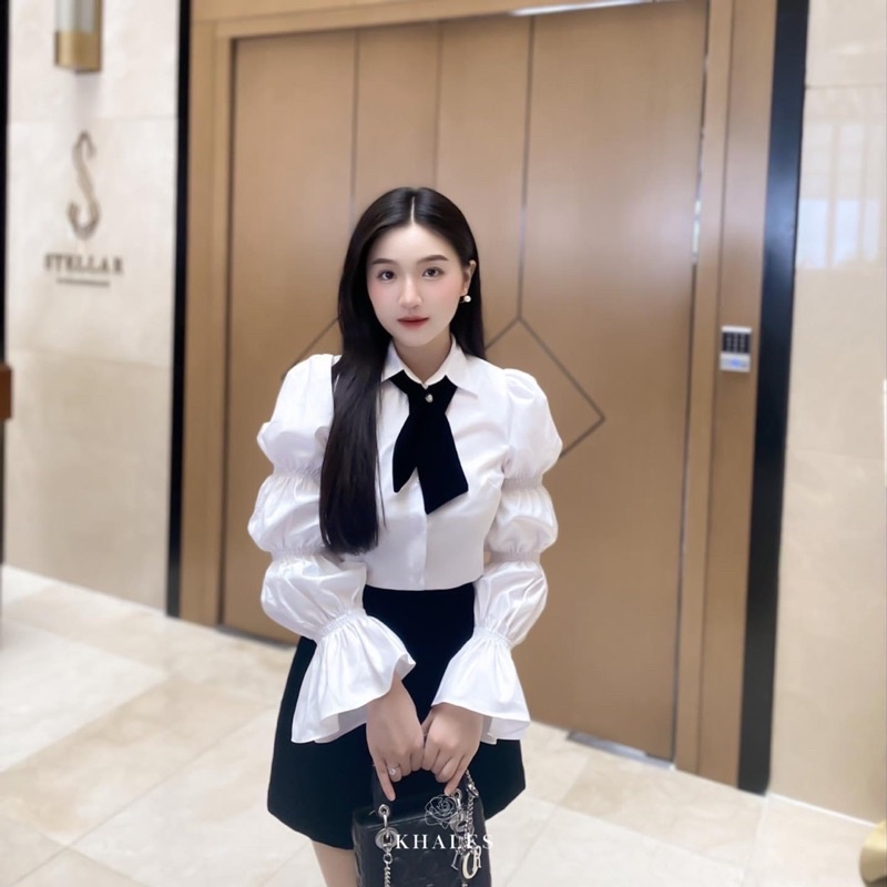 [ 𝐅𝐑𝐄𝐄 𝐒𝐇𝐈𝐏 ] Sét sơmi thiết kế nhún tay  Áo chất thô sơmi lên form điệu, cổ có dây chéo nơ chất nhung, có thể tháo rời