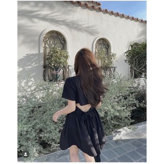 ĐẦM SƠ MI ĐEN CUT OUT NƠ LƯNG