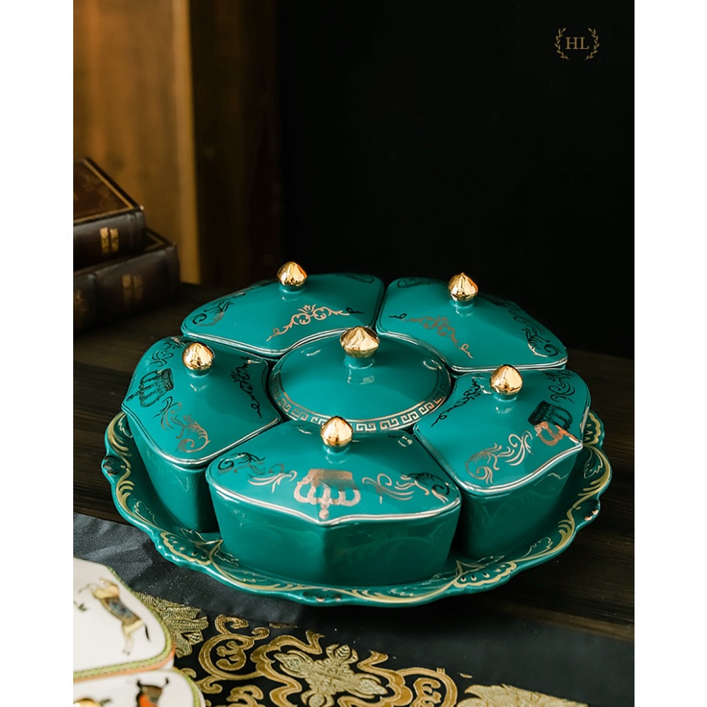 KHAY SỨ TRÒN có nắp đậy ĐẬY hoàng thất thời thượng XOAY 360 ĐỘ KẺ VÀNG KIM 2023 | KHAY ĐỰNG MỨT TẾT nguyên liệu SỨ XOAY