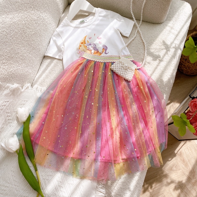 Set bộ bé gái ,Áo cotton 4c in hình Pony,Chân váy lưới sao cầu vồng xinh xắn