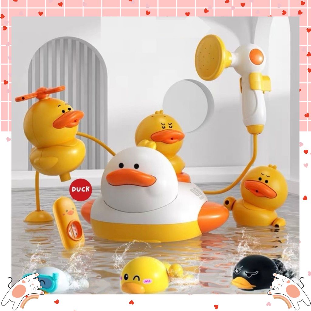 Đồ chơi nhà tắm trẻ em set vịt phun nước tự động dễ thương kèm vòi sen, quà tặn mùa hè cho bé đi bể bơi du lịch