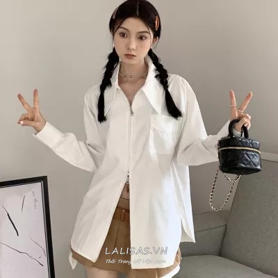 Áo Sơ Mi Tay Dài Màu Trơn Có Khóa Kéo Thời Trang Hàn Quốc
