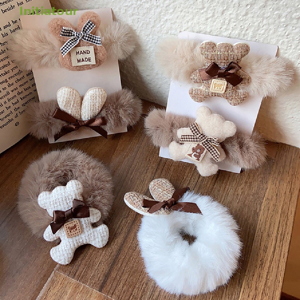 Dây Buộc Tóc Cao Su Đính Lông Trắng Hình Tai Thỏ Và Gấu Đáng Yêu Thời Trang Cho Nữ