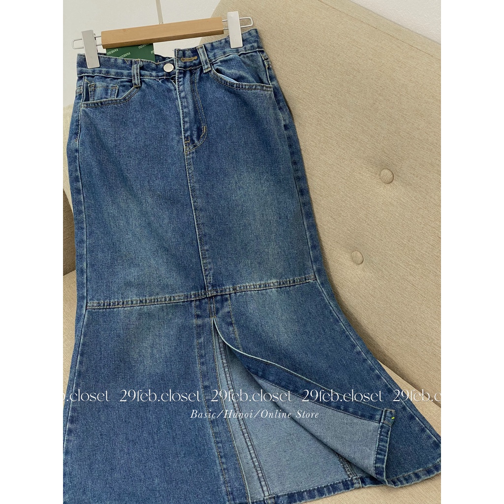 Chân váy jeans dáng dài 29feb.closet thiết kế kiểu đuôi cá dáng ôm cách điệu xẻ tà trước phong cách Hàn Quốc -CV21 | BigBuy360 - bigbuy360.vn