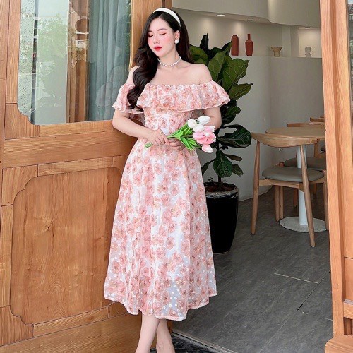 Đầm trễ vai dáng dài, váy trễ vai đi biển, đi tiệc Chất liệu voan tơ hạt