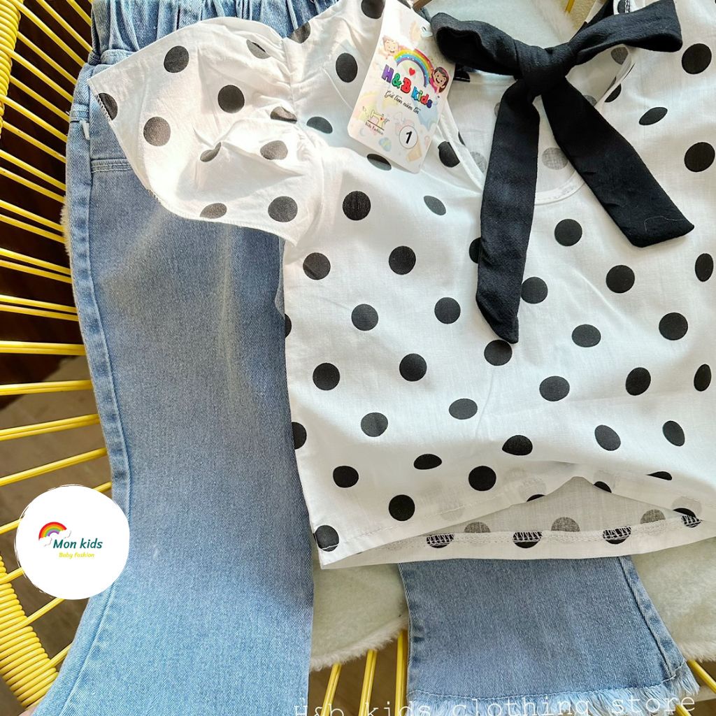 Set quần jean cho bé gái, set đồ cho bé gai, bộ quần bò bé gái, áo bé gái thắt nơ Hàn Quốc