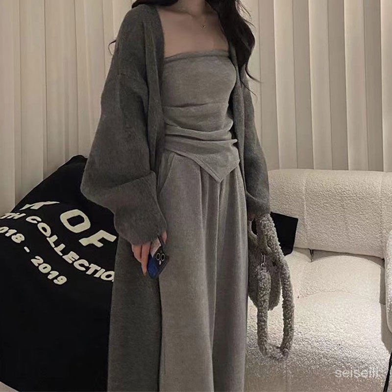 Bộ Đồ Hai Mảnh Ống Rộng Phong Cách Lười Thời Trang Xuân Thu Màu Trơn