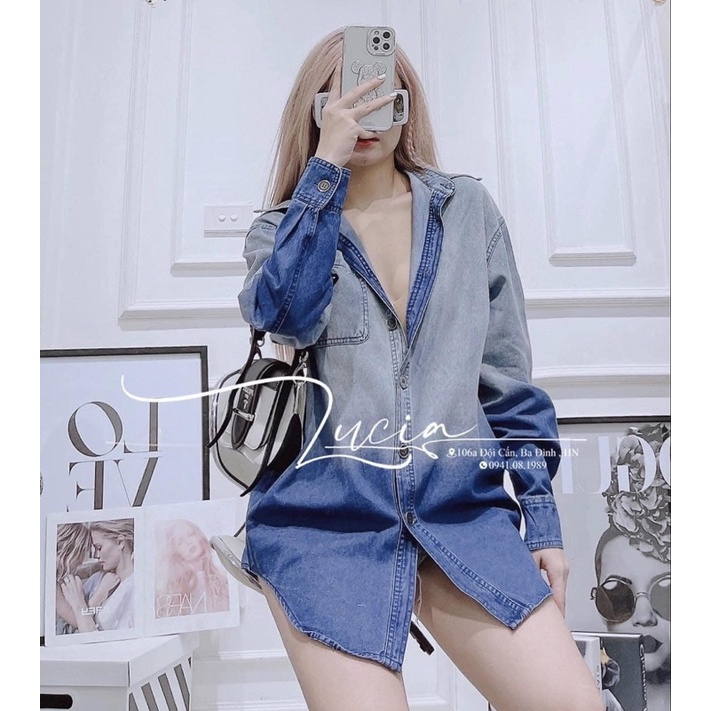 Áo sơ mi bò loang P rada,áo jean dài tay phối màu phong cách Hàn quốc