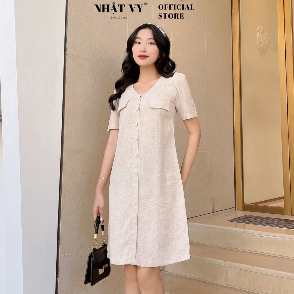Đầm dự tiệc Nhật Vy tay ngắn cổ tim gài nút phối túi dáng suông chất dạ phù hợp công sở đi chơi sang trọng - D2655