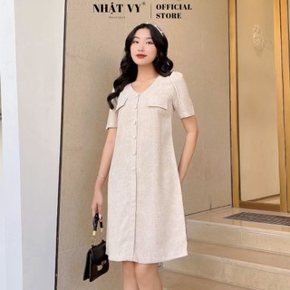Đầm dự tiệc Nhật Vy tay ngắn cổ tim gài nút phối túi dáng suông chất dạ phù hợp công sở đi chơi sang trọng - D2655