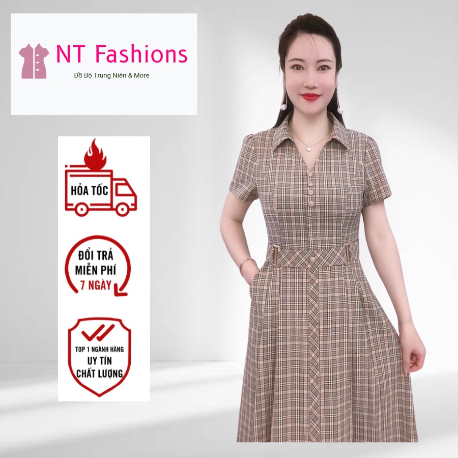 Đầm trung niên cho mẹ cổ sơ mi sang trọng công sở chất lụa hồng ngọc cao cấp