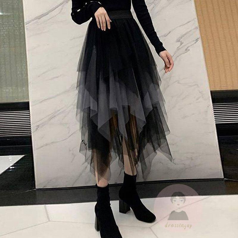 Chân Váy Vải Tuyn Lưng Thun Màu Sắc Tương Phản Thời Trang Mùa Thu Cho Nữ