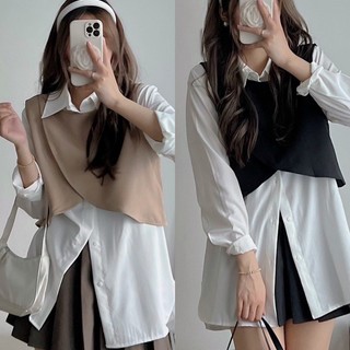 Set áo sơ mi gile gồm áo sơ mi trơn vạt tròn phía sau dài hơn và gile rời vạt chéo có 2 màu freesize Pumi