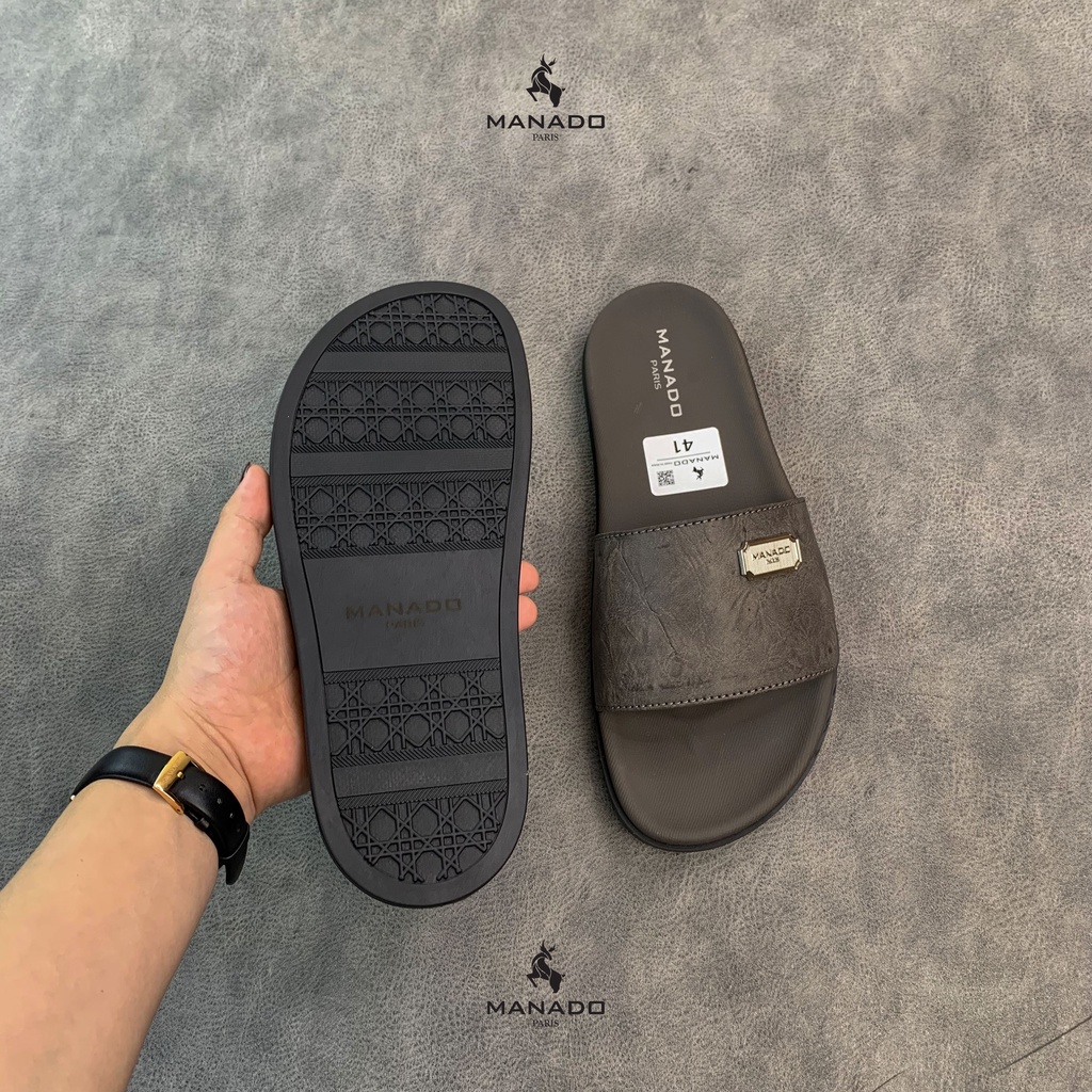 Dép da nam quai ngang cao cấp Manado Mã MND12 màu xám fullbox, quai da mềm mại, đế cao su thiết kế chắc chắn