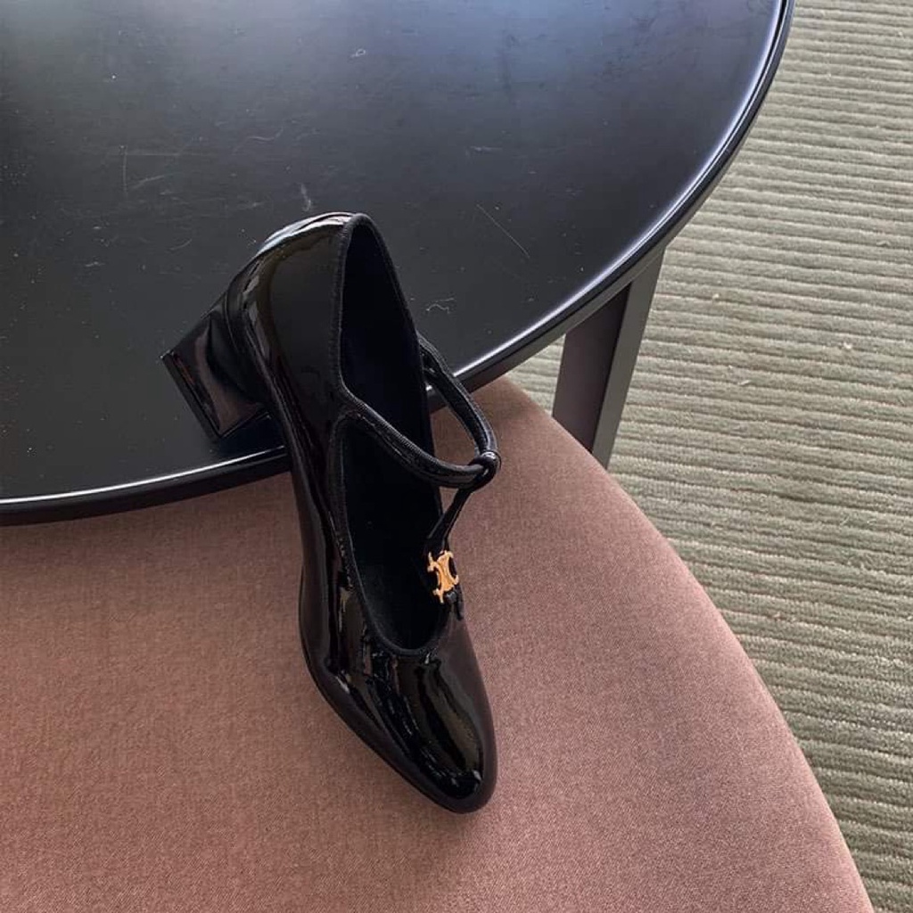 Giày Cao Gót Nữ Quai Chữ T Da Bóng Hot Trend - Giày Cao Gót Đế Vuông 5 Phân T-Bar Màu Đen - Cói Shoes