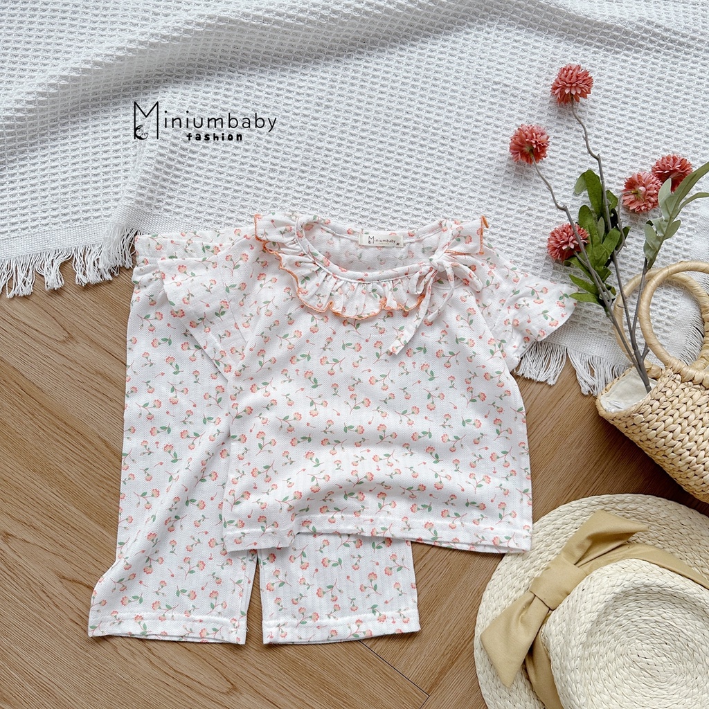 Đồ bộ cộc tay quần lỡ phối cổ bèo cho bé trai/gái Minium, set quần áo hè trẻ em, miniumbabyfashion SB1340