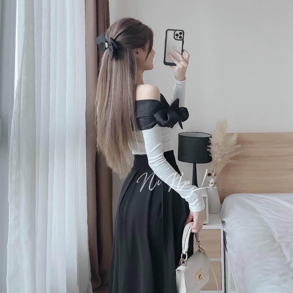 Sét váy nữ thời trang mặc đi chơi áo chất cotton trễ vai phối voan nơ tay dài mix chân váy xoè tapta cao cấp