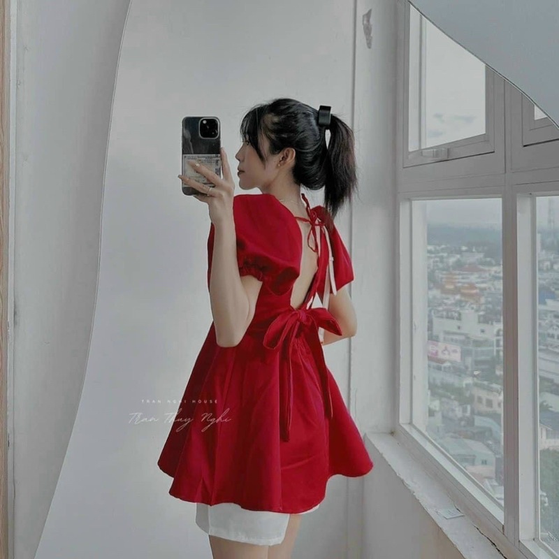 Set áo peplum nơ lưng + short trắng
