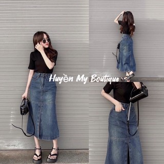 Chân Váy Jeans Đuôi Cá Dáng Dài Xẻ Tà Trước Ullazang phong cách Hàn Quốc