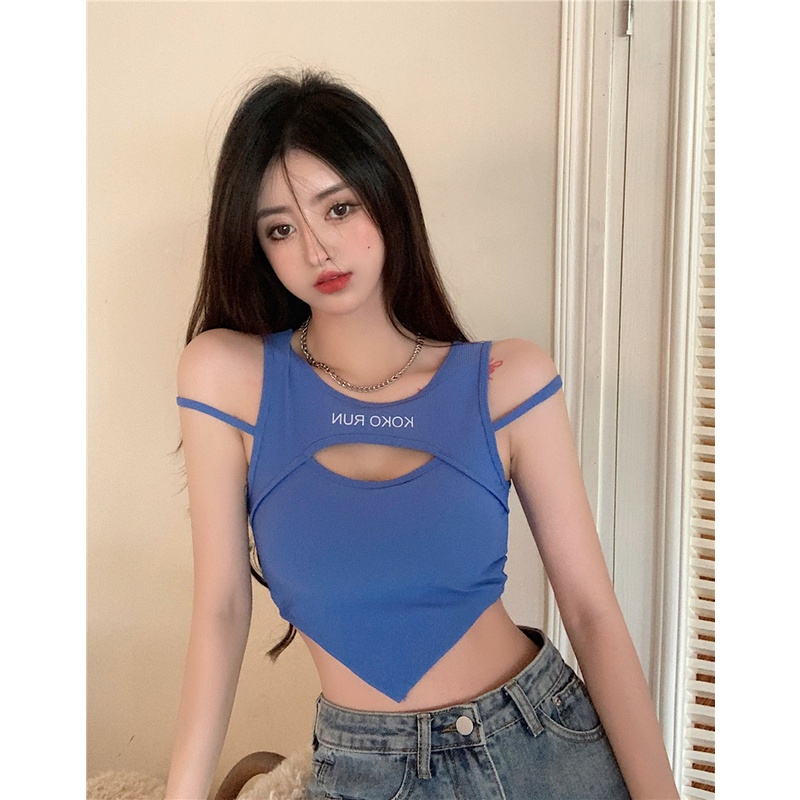 [4 Màu Sắc] Áo Hai Dây Mỏng Ngắn Không Tay Thiết Kế Không Đều Cho Nữ