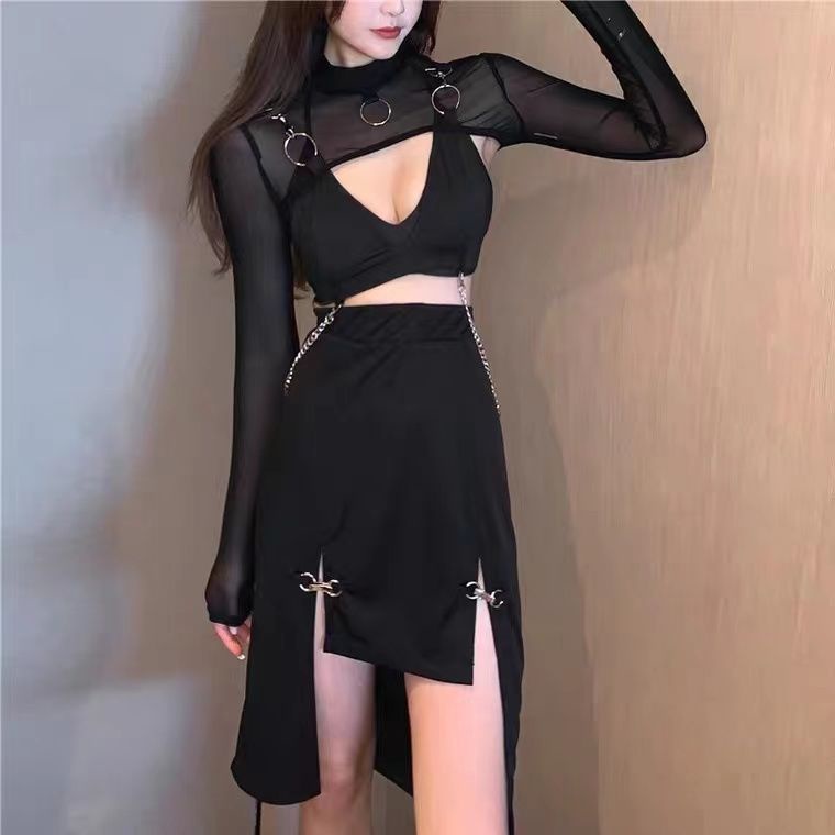 ♛♚♛Áo Croptop Tay Dài Cổ Tròn Xuyên Thấu Thời Trang Xuân Thu Quyến Rũ Cho Nữ