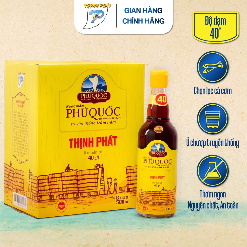 Nước mắm Phú Quốc Thịnh Phát Lam Ngọc 40 độ đạm nguyên chất từ cá cơm- Hộp 6 chai thuỷ tinh 500ml