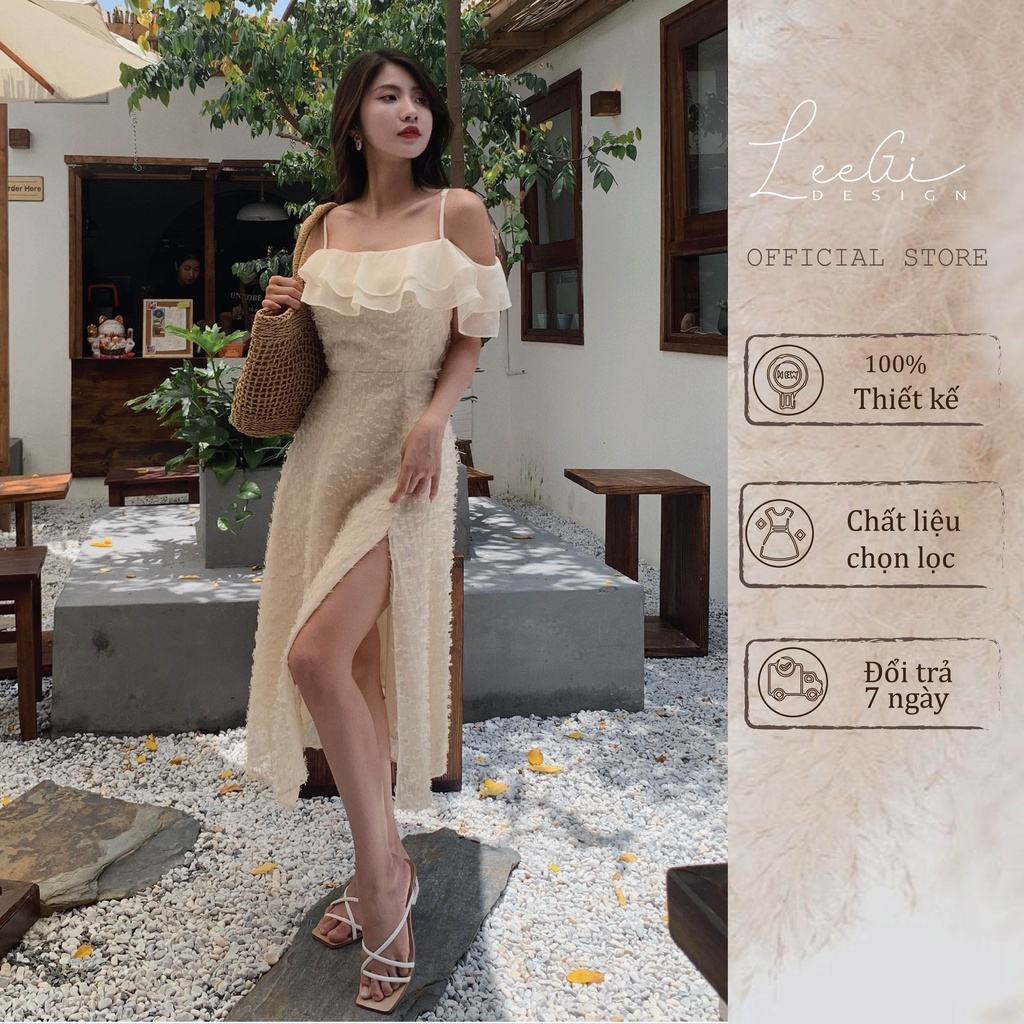 Váy ren hai dây trễ vai phối bèo be LeeGi Design phong cách tiểu thư sang chảnh