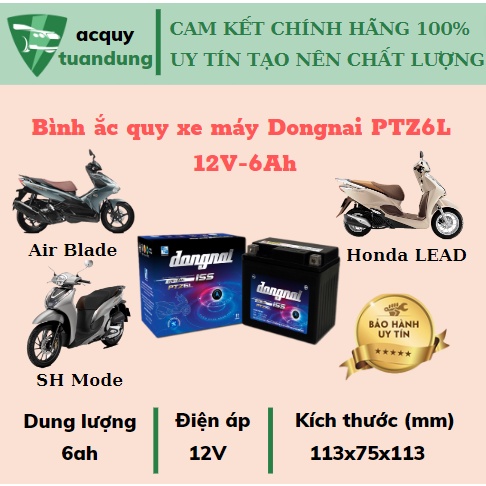 Bình ắc quy khô Dongnai PTZ6L (12V-6ah) cho xe AIRBLADE, LEAD, VISION