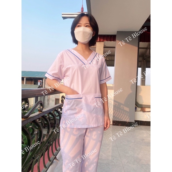Bộ blu cổ tim có viền nam nữ cộc tay, bộ scrubs kỹ thuật viên cho điều dưỡng, dược sỹ, y tá, bác sĩ (có 3 màu lựa chọn)