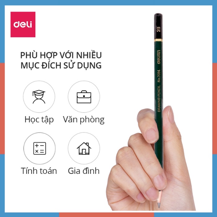 Bút chì cao cấp 2B- 6B Deli - 12 cây/hộp, nét đậm không gãy- 7084/6836/6846/6848