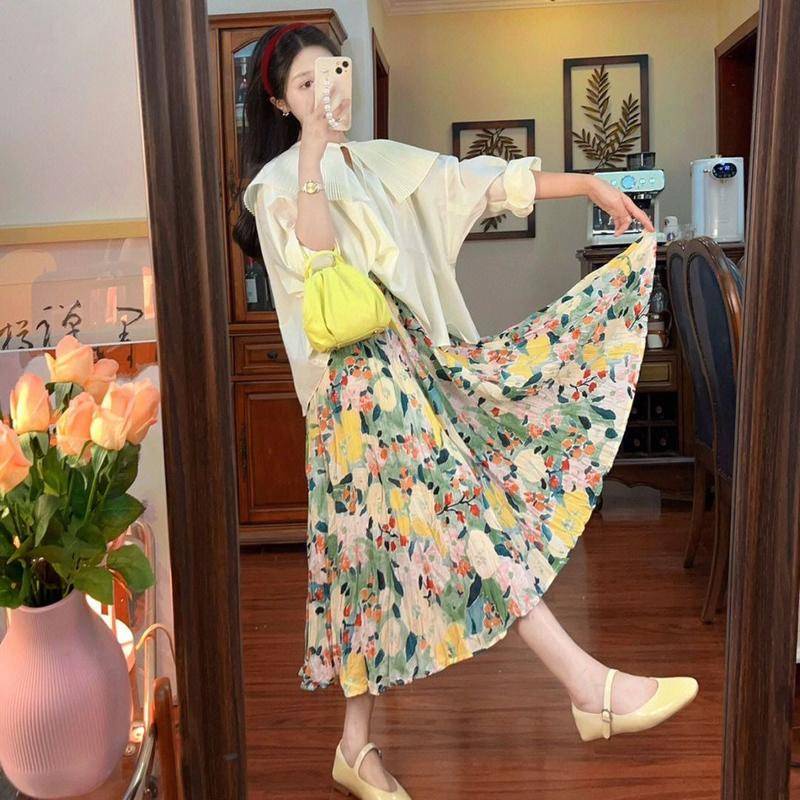 Set Áo Sơ Mi Cổ Bẻ + Chân Váy Hoa Lưng Cao Phong Cách Retro Pháp Mới