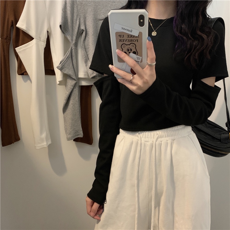 Áo Thun Tay Dài Cổ Tròn Thiết Kế Xẻ Rách Cá Tính