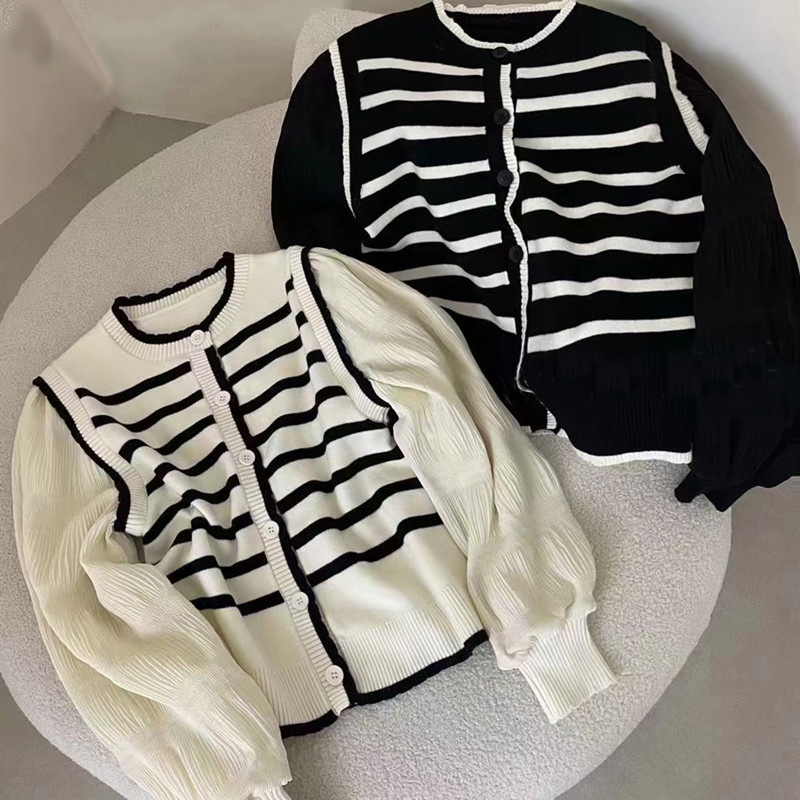 Áo kiểu SUXI tay phồng họa tiết kẻ sọc phong cách Hàn Quốc thời trang mùa xuân cho nữ