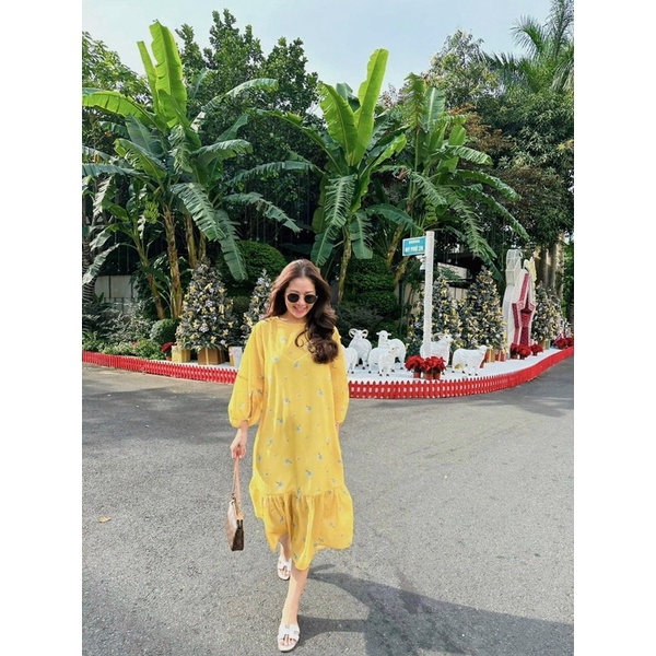 ĐẦM LỤA VÀNG HOA 2 LỚP