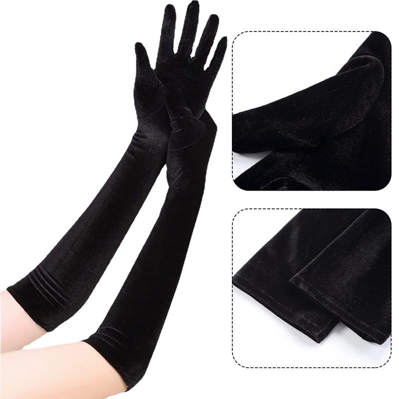 Ygt Găng Tay Nhung Dài 53CM Màu Đen Ấm Áp Co Giãn Phong Cách Retro Mùa Thu Đông Cho Nữ
