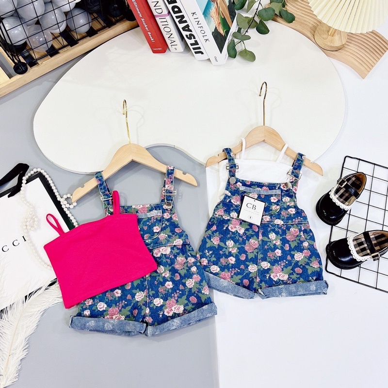 Set Yếm Quần Hoa Áo Thun 2 Dây 2 Màu Cho Bé