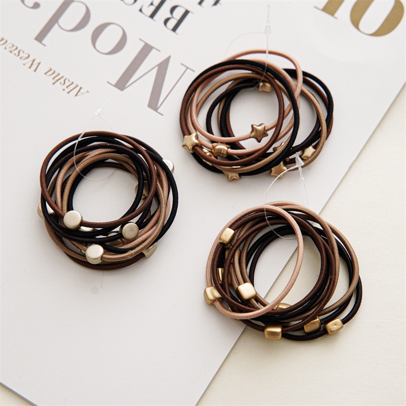 Set 10 Dây Cột Tóc Màu Cà Phê Sữa Hình Tròn / Vuông Đơn Giản Thời Trang Cho Nữ