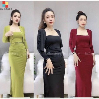 [Sales Freeship 2023] Đầm 2 dây ôm body + áo khoác chất thun Gân dày dặn co giãn 4 chiều Shop Cam Kết Hàng Y Hình