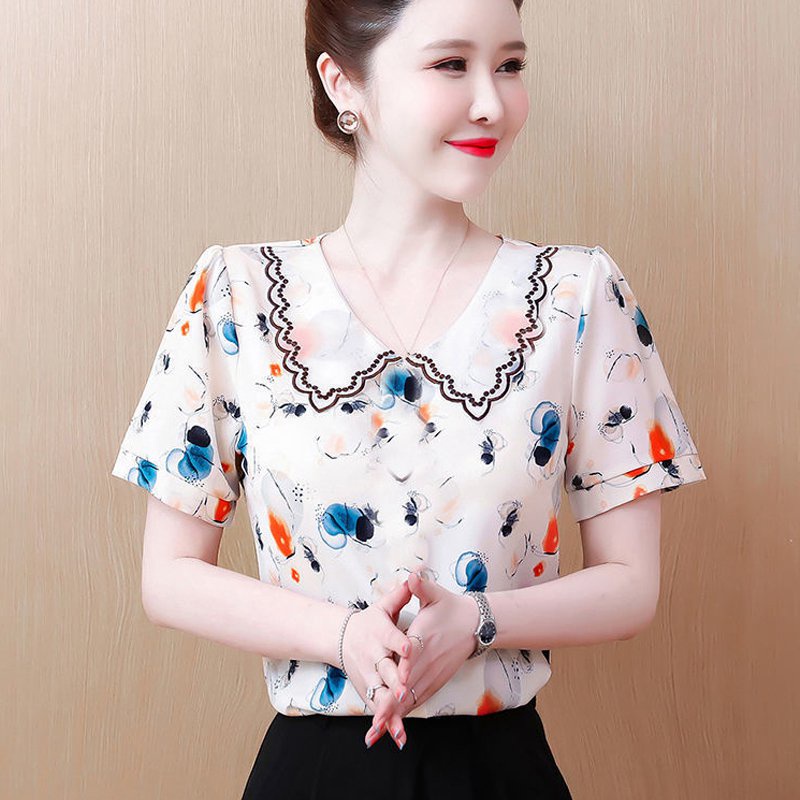 Áo Sơ Mi Cổ Peter Pan In Họa Tiết Mực Sang Trọng Phong Cách Hàn Quốc Size L-5XL Dành Cho Nữ