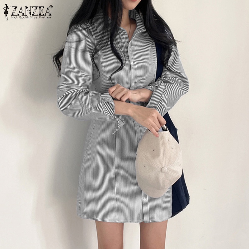 Đầm sơ mi ZANZEA dài tay họa tiết sọc thời trang Hàn Quốc cho nữ