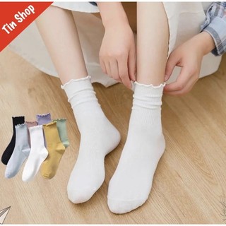 Tất cổ cao nữ bèo nhún, vớ bèo nhún nữ cổ cao màu trơn basic thời trang Vintage Hàn Quốc - Tin Shop