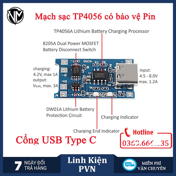 Mạch Sạc Pin Lithium - Li-ion - 18650 TP4056 Có Bảo Vệ Pin Cổng USB TYPE-C