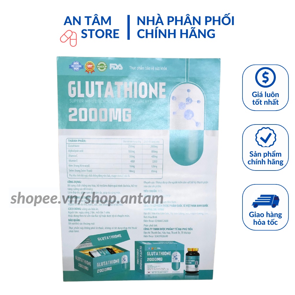 Viên Uống Trắng Da Giảm Nám Mờ Nhăn Collagen Glutathione 2000 Hộp 30 Viên