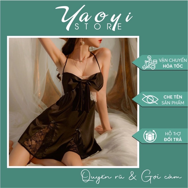 Váy ngủ Llụa 2 dây phối ren nơ sexy quyến rũ cao cấp M2