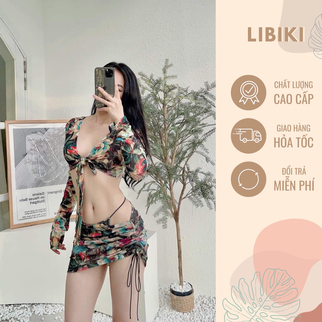 Set bikini 3 mảnh dài tay có chân váy díp hoa xanh