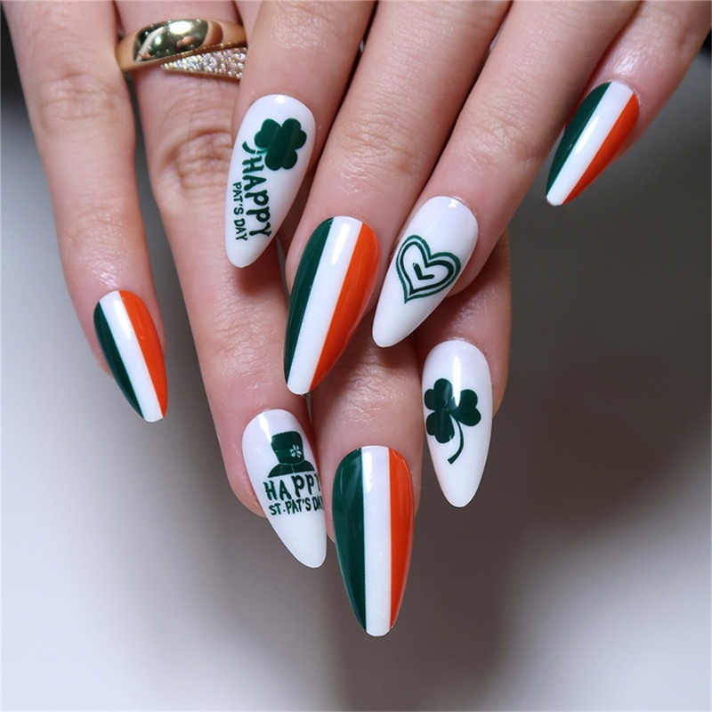 Youyo Almond Móng Tay Giả Acrylic Cỏ Bốn Lá Dạng Ấn -St Patrick s-Day