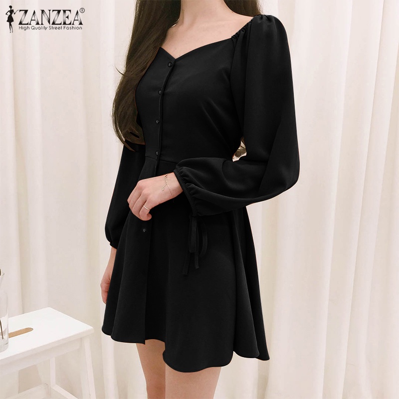 Zanzea Đầm Tay Phồng Cổ Tim Thời Trang Hàn Quốc Dành Cho Nữ