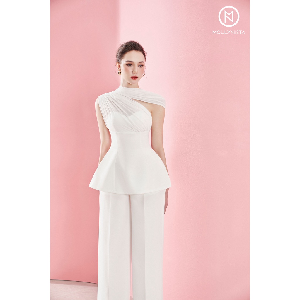 MOLLYNISTA (SALE 35%) Áo thiết kế peplum phối thun chéo cổ thanh lịch nữ tính cao cấp công sở form ôm tôn dáng